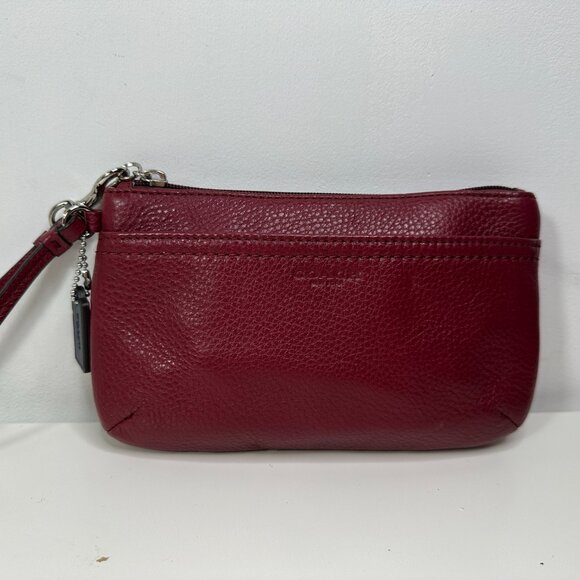 COACH Wristlet Pebble Leather Wallet Zip Maroon Strap Keychain - Picture 1 of 11